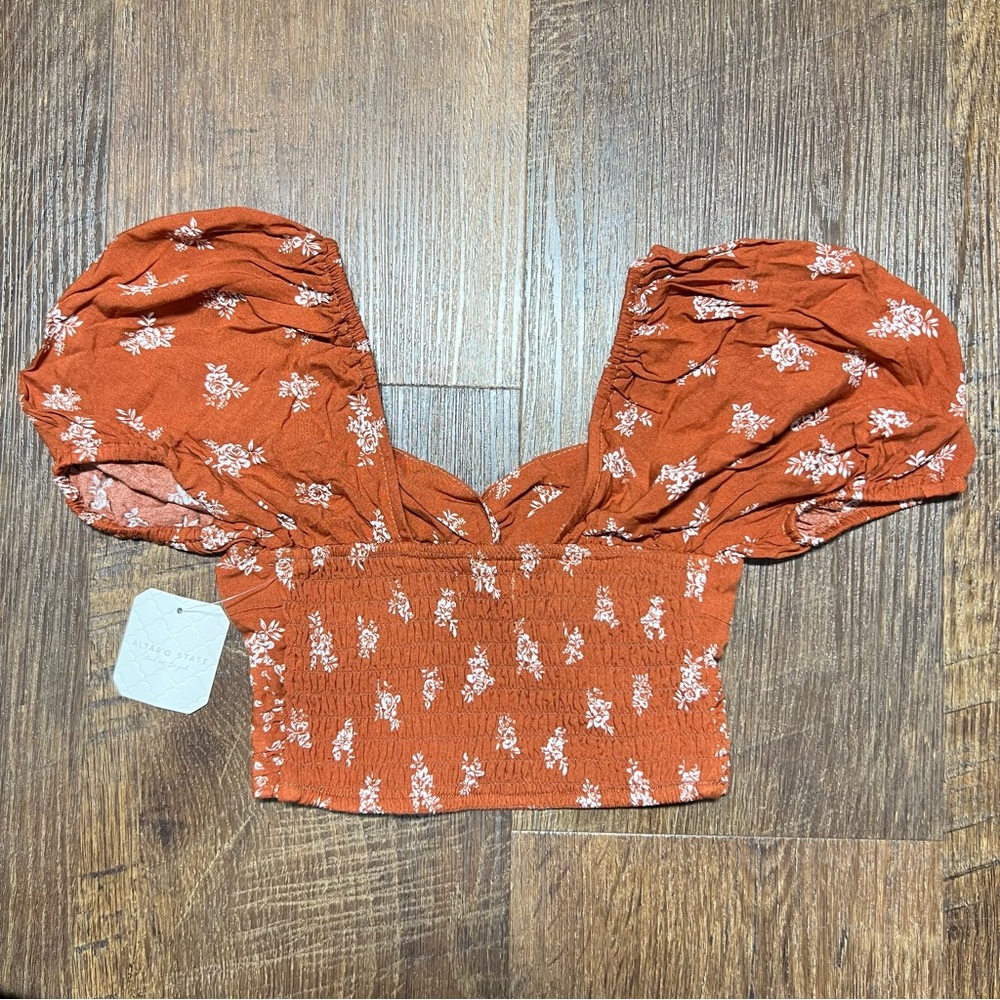 NWT Altar’d State Rust Floral Crop Top XXS Puff Sleeve Smocked Boho Blouse - Picture 3 of 6